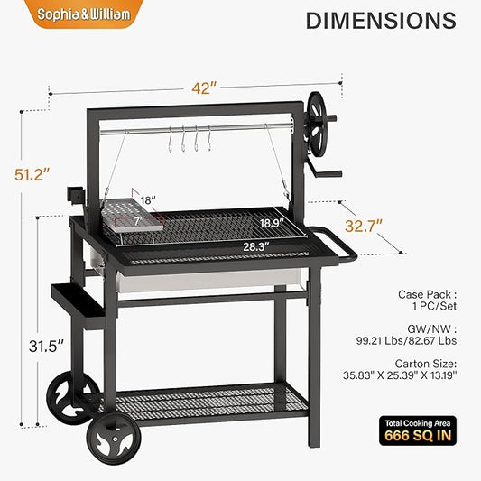 Sophia & William Argentine Santa Maria Wood Fire & Charcoal BBQ Grill with Adjustable Height Grates, Large Open Fire Grill for Outdoor Patio Backyard Gaucho Grilling