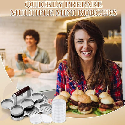 Reallnaive Mini Burger Press with 200 Patty Papers and 6 Storage Containers 6 Slots Meat Sausage Patty Maker Paper Sheets Set for Small Burger Barbecue, Make 6 Pieces at Once