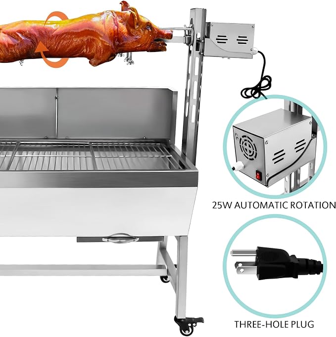 37" Electric Rotisserie Grill, Pig Lamb Spit Roaster Stand With 132 Lbs Capacity and Adjustable Height, BBQ Charcoal Grill Kit Stainless Steel for Outdoor Party Camping