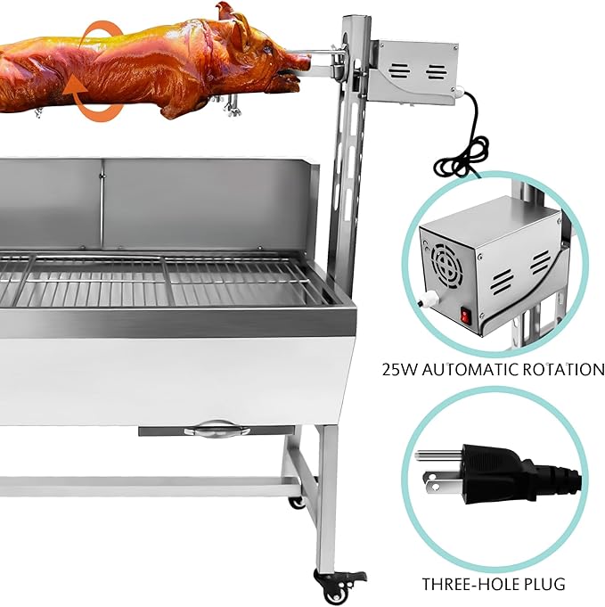 25w 37in Electric Rotisserie Grill Portable 132lbs Portable Stainless Steel Rotisserie Grill Roster With Wheels, Motor, Wind Baffle For Pig Chicken Lamb Rotisseries Roasting Machine