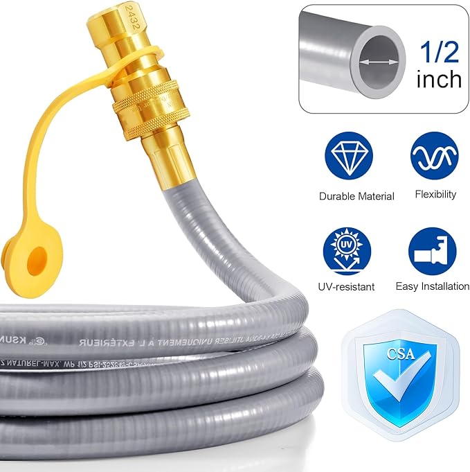 GasSaf 8 FT 1/2" ID Natural Gas Hose with Quick Connect Fitting, Natural Gas Conversion Kit for Gas Grill, Generator, Patio Heater and More - CSA Certified