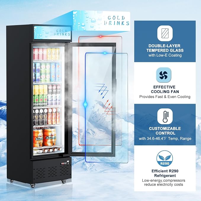 20.8''W Commercial Refrigerators, 11 Cu.ft. Glass Door Beverage Refrigerators Commercial Fridge Upright Display Cooler with Soft LED Light and Adjustable Shelves for Restaurant Grocery Stores