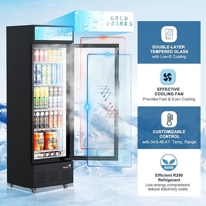 20.8''W Commercial Refrigerators, 11 Cu.ft. Glass Door Beverage Refrigerators Commercial Fridge Upright Display Cooler with Soft LED Light and Adjustable Shelves for Restaurant Grocery Stores
