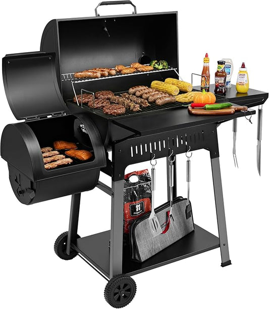 Barrel Charcoal Grill with Offset Smoker, 824 Sq. In. Cooking Area,Frame Tool Hooks, Bottom Shelf, Blow-Molded Wheels, Outdoor Charcoal Grill for Backyard Cooking, Black, CC1831S-SC