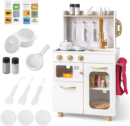 INFANS Kids Kitchen Playset, Toddler Wooden Pretend Cooking Set with Telephone Stove Microwave Storage Cabinet, Play Kitchen Toy Set with Toy Food Cookware Accessories for Children Boys Girls