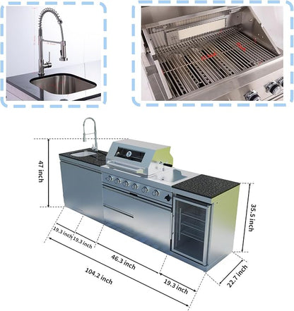 104-Inch 4 Burner 72000 BTU Stainless Steel Outdoor Kitchen Bar, 3 Units Modular Propane Gas BBQ Island Grill (Free Combination) with Wine Cooler, Refrigerator, Granite Countertops & Storage, Silver