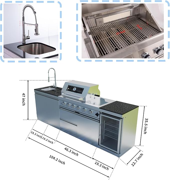 104" Modular Outdoor Kitchen Island With Grill And Side Burner, 4-burner 72,000 Btu Propane Bbq Island, Refrigerator, Separate Sink & Prep Station, For LP-Silver 72000BTU/104 Inch