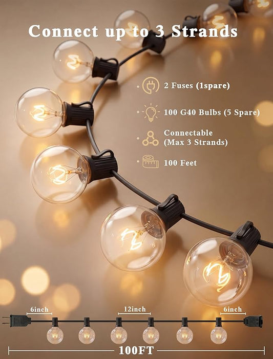 Abeja Outdoor String Light 100 Ft G40 Patio Lights with 105 Edison Glass Bulbs E12 Socket Base (5 Spare) Globe Clear Hanging Lights for Backyard Balcony Deck Party Decor, Not Connectable, Black