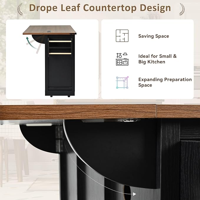 53.7" Farmhouse Kitchen Island with Power Outlet,2 Sliding Barn Door Storage w/Drop Leaf and Spice Rack Rolling Carts on Wheels & Metal Handle,for Home,Dining Room,Black, 50.25"