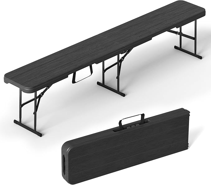 VSOAEIL 6 Foot Folding Bench, 6 FT Foldable Plastic Bench Indoor & Outdoor | 6 Feet Portable Bench Seating with Handle and HDPE Tabletop - Party, Dining, Picnic, Camping, Sports, Temporary Events, Black