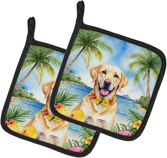 Caroline's Treasures Yellow Labrador Retriever Luau Pair of Pot Holders Kitchen Heat Resistant Pot Holders Sets Oven Hot Pads for Cooking Baking BBQ, 7 1/2 x 7 1/2