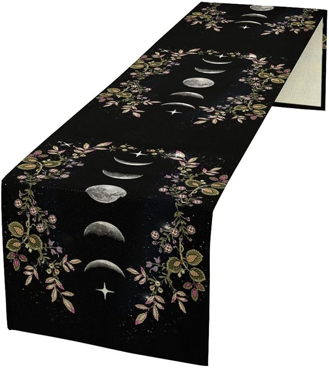 Boho Floral Moon Table Runner, Cotton Linen Non-Slip Dining Table Runners Black Flower Wildflower Moon Decor, Dresser Scarves for Coffee Table Wedding Holiday Party Tabletop Kitchen Decor 13x60Inch