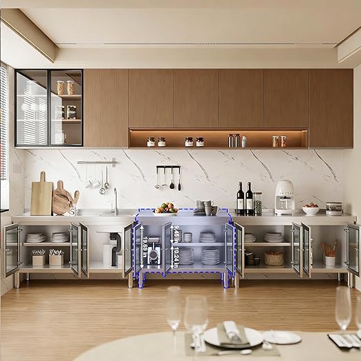 47" Stainless Steel Table Cabinet Heavy Duty Prep Table with 304 Stainless Steel Worktop and 3 Glass Doors Commercial Worktable Workbench with Storage Cabinet for Kitchen Garage Restaurant Outdoor