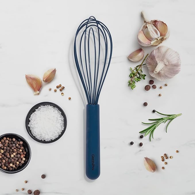 GreenPan Silicone Whisk, Mixing Blending Beating Stirring Cooking Kitchen Utensil, Flexible Rubber Nonstick Cookware, Rigid Steel Core, Heat-Resistant, Anti-Slip Handle, BPA-Free Dishwasher Safe, Blue