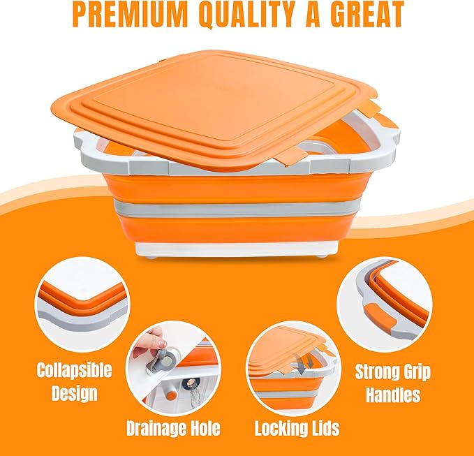 BBQ Prep Tub with Lid and Cutting Board - Collapsible Barbecue Tool Set for Marinating, Grilling, BBQ Prep Station for Outdoor Cooking, Camping Kitchen Accessories & Barbecue Utensils, X-Large Orange