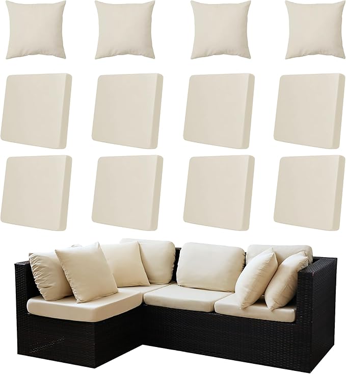 Outdoor Cushion & Pillow Cover Set, 8 Seat Covers + 4 Pillow Covers | Stretch Fit, Replacement, Washable and Reusable Furniture Protectors, Fits most patio furniture cushion covers, Cover Only