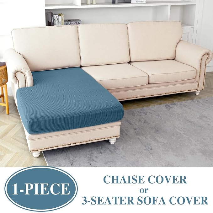 LA MEACK Couch Cushion Cover Chaise Lounge Cover Washable Separate Seat Chaise Couch Cover Stretch Sectional Sofa Slipcover(1 Piece for Chaise or Sofa 3-Seater, Blue)