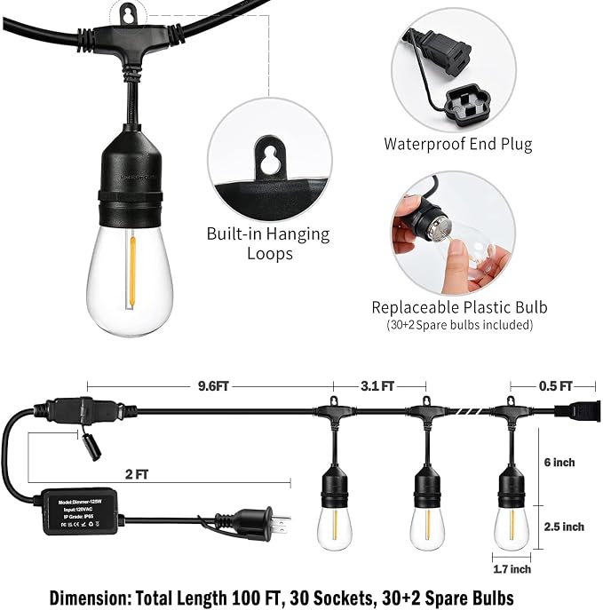 100ft Gazebo Lights with Remote & Dimmer,Patio String Lights with Timer | String lights outdoor with 3 Lighting modes for Patio Backyard Gazebo Pergola Café