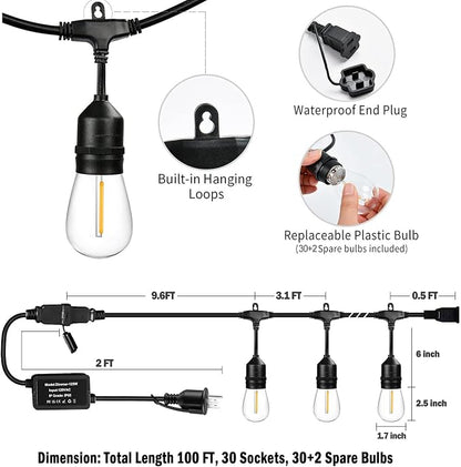 100ft Gazebo Lights with Remote & Dimmer,Patio String Lights with Timer | String lights outdoor with 3 Lighting modes for Patio Backyard Gazebo Pergola Café