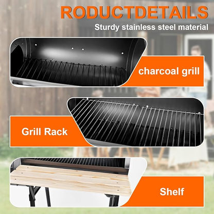 Charcoal Grills with Offset Smoker & Thermometer, Barrel BBQ Grill & Smoker Combo, Spacious Barbecue Grill for Outdoor Backyard Camping Parties