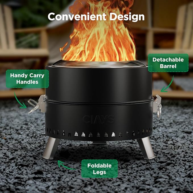 Ciays 19 Inch Smokeless Firepit, Portable for Outside Camping, Black | 19 Inch Smokeless Fire Pit for Camping with Steel Grill Rack, Fire Poker, and Bag, Easy Setup and Storage, Wood Burning