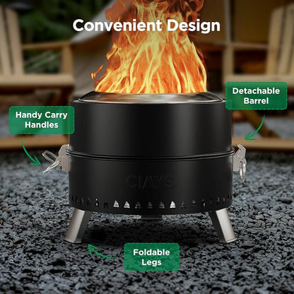 Ciays 19 Inch Smokeless Firepit, Portable for Outside Camping, Black | 19 Inch Smokeless Fire Pit for Camping with Steel Grill Rack, Fire Poker, and Bag, Easy Setup and Storage, Wood Burning