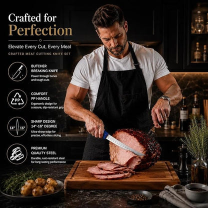 DRAGON RIOT 4 Piece Butcher Knife Set Brisket Trimming Set Include 6" Boning Knife, 6" Skinning Knife, 10" Butcher Breaking Knife and 10" Sharpening Steel