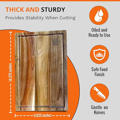 Grill Masters Club Premium Acacia Wood Cutting Board for Kitchen | Large Wooden Cutting Board with Juice Groove | Lightweight Grill for BBQ Masters, & Cooking Enthusiasts-Ideal for Gift
