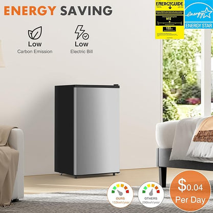 OLIXIS Mini Fridge with Freezer, 3.2 Cu.Ft Single Door Refrigerator with Adjustable Thermostat, Small Compact Refrigerator for Bedroom, Office, Dorm, Sliver