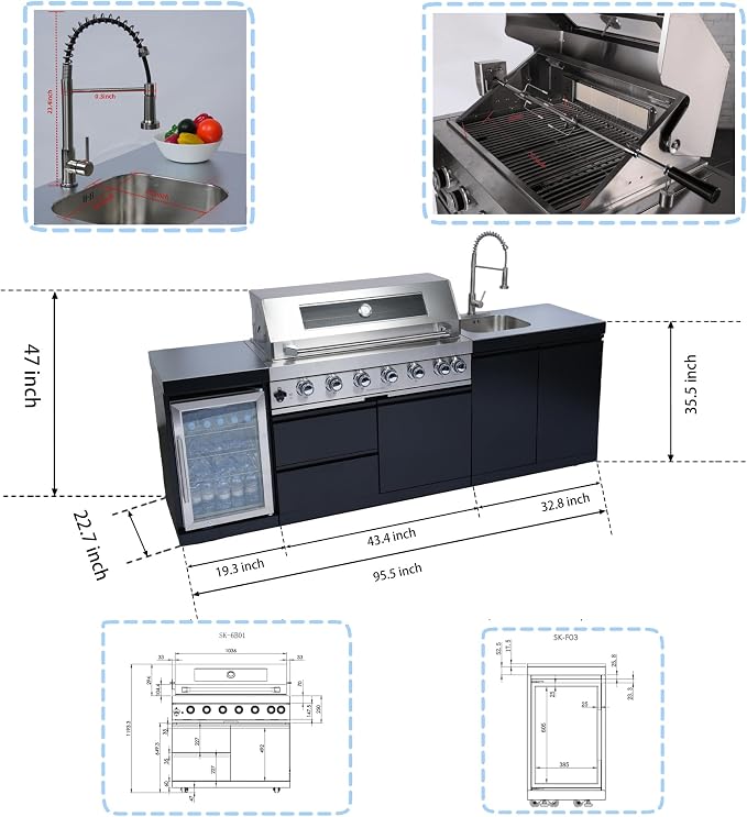 96" 6-Burner 85000 BTU Outdoor Kitchen Island,304 Stainless Steel Modular LPG BBQ Grill Combination With Granite Countertops, Storage Cabinet, Refrigerator and Sink (96"-Black&Sivler, Propane Gas)
