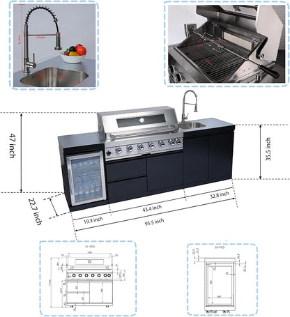 96" 6-Burner 85000 BTU Outdoor Kitchen Island,304 Stainless Steel Modular LPG BBQ Grill Combination With Granite Countertops, Storage Cabinet, Refrigerator and Sink (96"-Black&Sivler, Propane Gas)