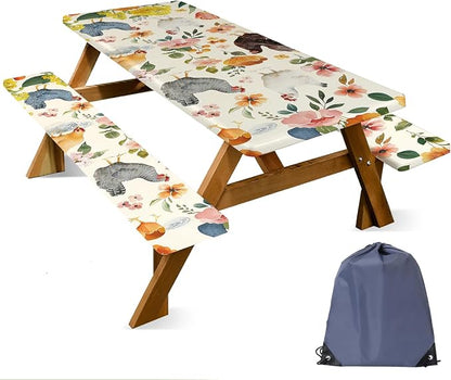 FOREVER QUEEN Picnic Table Cover with Bench Covers 72in,Waterproof Windproof Fitted Tablecloth,Farm Chicken with Floral Print Camping Essentials with Drawstring Bag for Patio,Park & Backyard