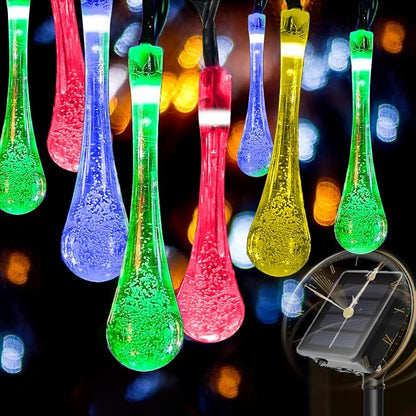 Solar Lights, Outdoor 21FT 30 LED Multicolor Water Drop Fairy Lights | Waterproof solar water fairy string lights with 8 modes auto on/off, decor for garden, patio, yard, tree, wedding