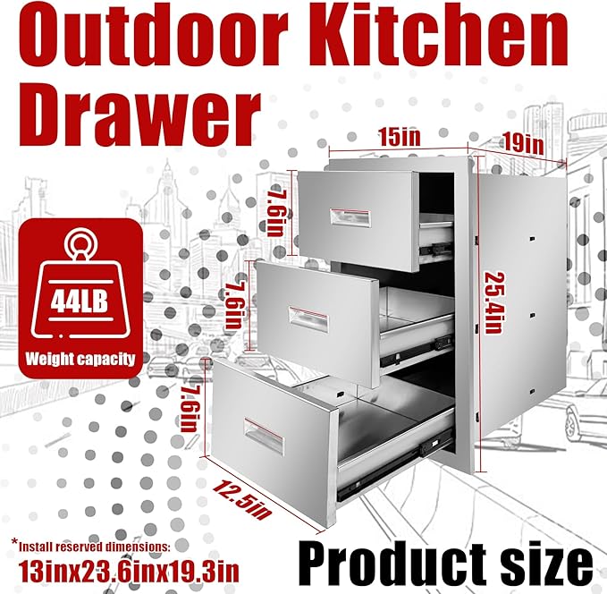 Outdoor Kitchen Triple Layer Drawer 15'' W x 25.4'' H x 19'' D Flush Mount BBQ Access Drawers Stainless Steel BBQ Island Drawers with Handle Suitable for Outdoor Kitchen Island Grill Station