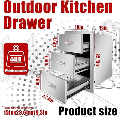 Outdoor Kitchen Triple Layer Drawer 15'' W x 25.4'' H x 19'' D Flush Mount BBQ Access Drawers Stainless Steel BBQ Island Drawers with Handle Suitable for Outdoor Kitchen Island Grill Station