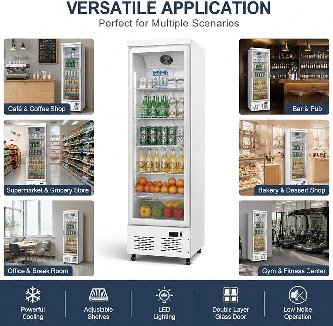 Commercial Beverage Refrigerator with Glass Door, 11 Cu.Ft Upright Display Fridge Commercial Cooler, Merchandiser Drink Refrigerator with Soft LED Light, Romovable Shelves for Restaurant Stores