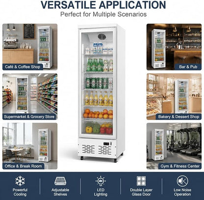 Commercial Beverage Refrigerator with Glass Door, 11 Cu.Ft Upright Display Fridge Commercial Cooler, Merchandiser Drink Refrigerator with Soft LED Light, Romovable Shelves for Restaurant Stores