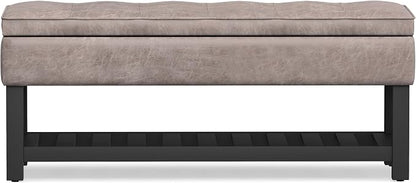 SIMPLIHOME Cosmopolitan Storage Ottoman Bench - 44 inch Wide Upholstered Vegan Leather Rectangle Storage Ottoman in Distressed Grey Taupe, Transitional Bench for Bedroom with Tufted Lift-Top and Shelf