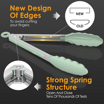 HOTEC Premium Stainless Steel Locking Kitchen Tongs with Silicon Tips, Set of 3-7", 9" and 12" (Light Green)