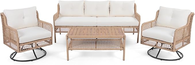 4-Piece Outdoor Wicker Sectional Sofa Set, All Weather Patio Conversation Set with 3-seater Sofa, 2 Swivel Chairs and Coffee Table, Cushions, Suitable for Poolside Backyard Deck (Beige-Swivel)