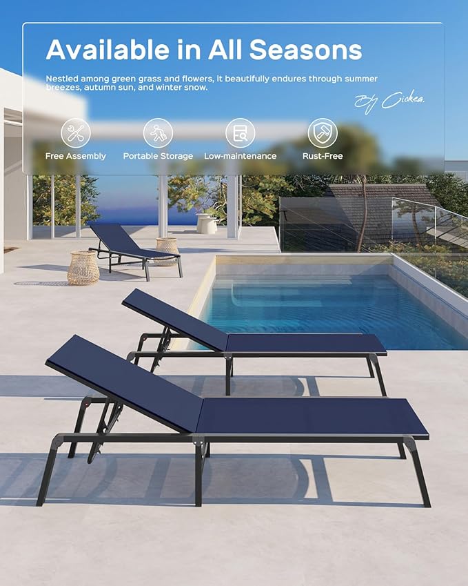 Ciokea Aluminum Chaise Lounge Ourdoor - Foldable & Assemble Free Outdoor Lounge Chair with 5 Adjustable Backrest, Patio Lounge Chair for Outside Poolside Beach Pool, Navy Blue