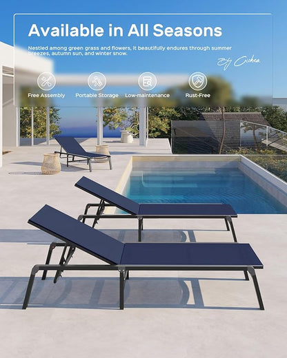 Ciokea Aluminum Chaise Lounge Ourdoor - Foldable & Assemble Free Outdoor Lounge Chair with 5 Adjustable Backrest, Patio Lounge Chair for Outside Poolside Beach Pool, Navy Blue