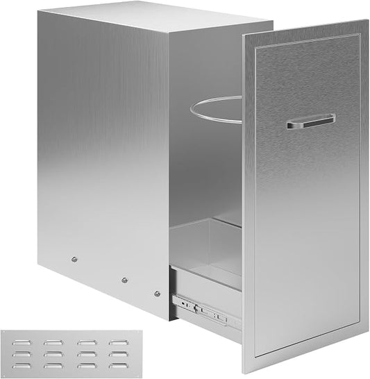 Jocisland Outdoor Kitchen Trash Drawer, 20" D×26" H×14" W, Stainless Steel | Handle and Pull-Out Tray, Built-in BBQ Island Storage