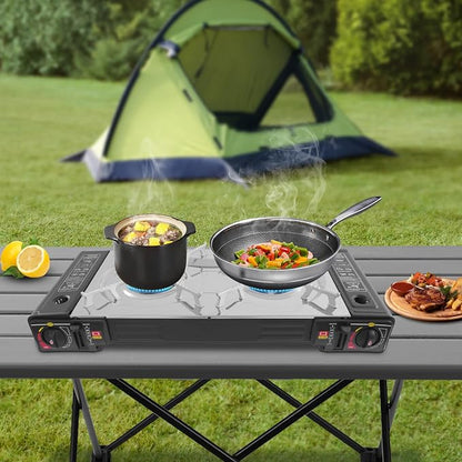 2-Burner Butane Stove, Portable Camping Stove with Grill Tray, Automatic Ignition, Outdoor Travel Camp Stove with Carry Case & Push-Button for Camping Tailgating (With Grill Tray-B)