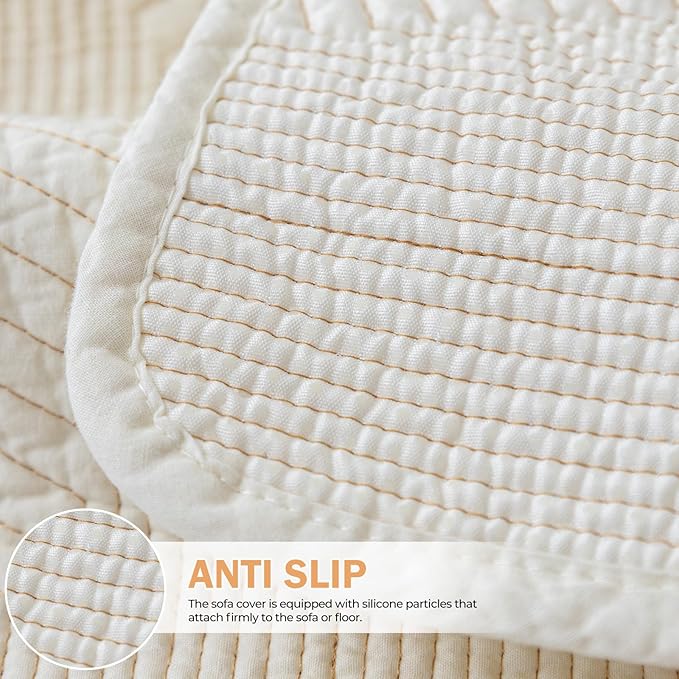vctops Cotton Quilted Couch Covers for Sectional Sofa (Cream,36"x94") | Geometric Washable Non Slip Sofa Slipcover for Dogs, Children, Pets Furniture Protector Cover