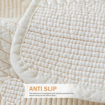 vctops Cotton Quilted Couch Covers for Sectional Sofa (Cream,36"x94") | Geometric Washable Non Slip Sofa Slipcover for Dogs, Children, Pets Furniture Protector Cover