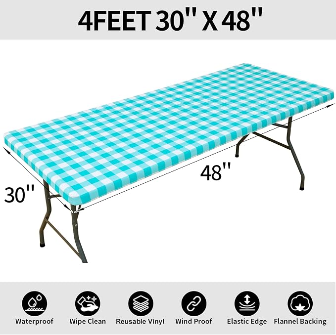 Smiry Rectangle Picnic Table Cloth, Elastic Waterproof Fitted Vinyl Tablecloths, Flannel Backed Buffalo Plaid Table Covers for Dining, Camping, Outdoor (White and Teal, 30" x 48")