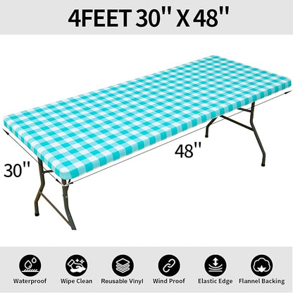 Smiry Rectangle Picnic Table Cloth, Elastic Waterproof Fitted Vinyl Tablecloths, Flannel Backed Buffalo Plaid Table Covers for Dining, Camping, Outdoor (White and Teal, 30" x 48")