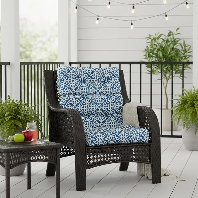 Outdoor Tufted High-Back Chair Cushions, One-Piece Hinged Seat and Back Design, Reversible with 4 Ties, Durable Polyester Fabric, Recycled Fiber Fill - Single, Indigo Lattice