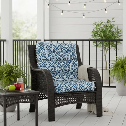 Outdoor Tufted High-Back Chair Cushions, One-Piece Hinged Seat and Back Design, Reversible with 4 Ties, Durable Polyester Fabric, Recycled Fiber Fill - Single, Indigo Lattice